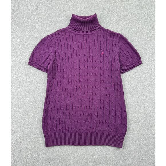 y2k NAUTICA Cable Knit Sweater Size L Purple Turtleneck 100% Cotton Short Sleeve - Picture 1 of 8